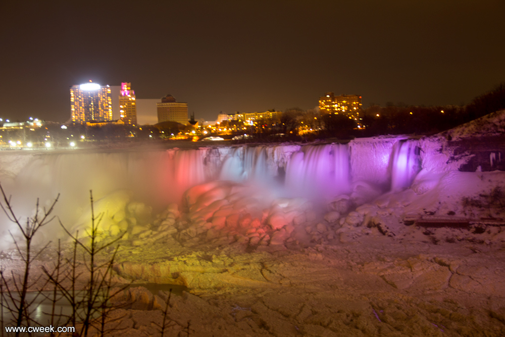 Frozen Niagara Falls at night